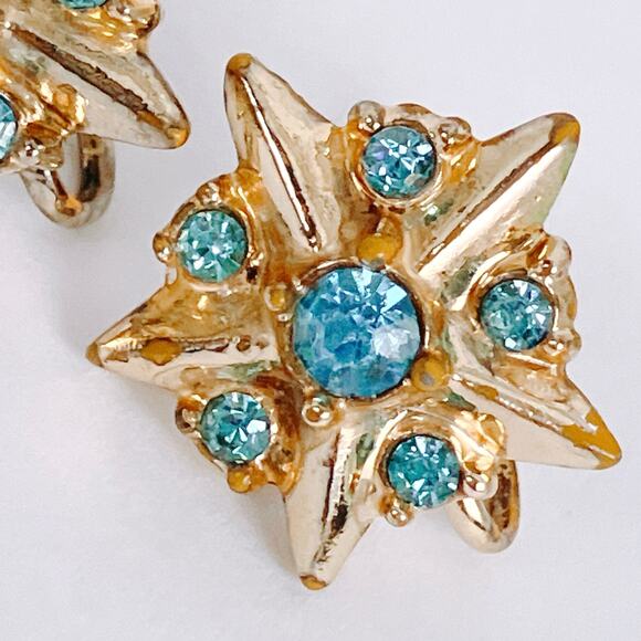 Vintage Aqua Blue Rhinestone Mid Century Atomic Starburst Screw Back Earrings - Picture 5 of 12